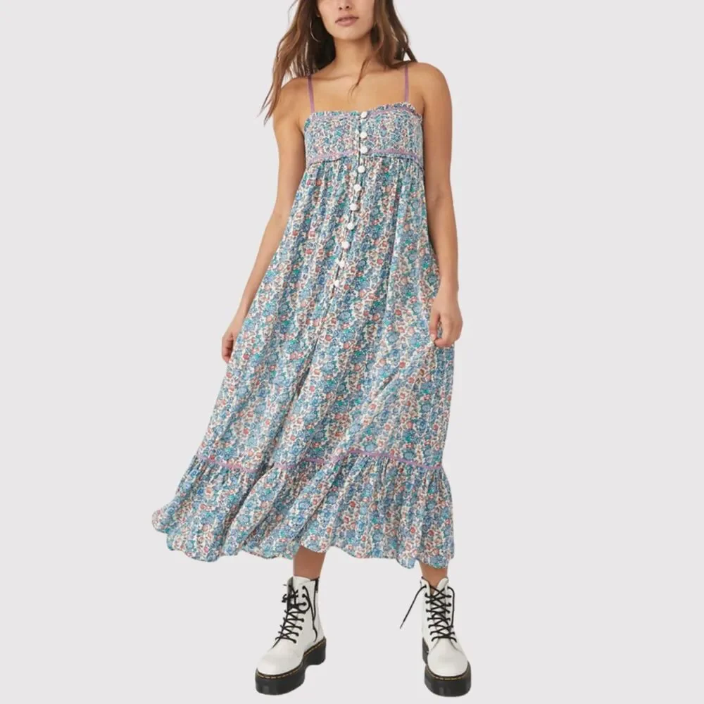 Free People Maxi Dress Blue Molly Jo Floral Button Down Cutout Back Smocked XS